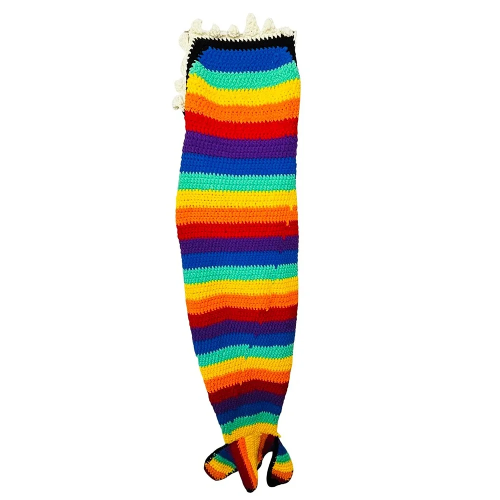 Handmade Hand Knit Rainbow Smiling Shark or Whale Tail Blanket Cocoon 70x20‎